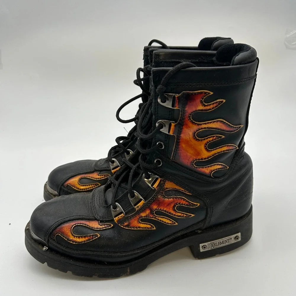 Xelement Motorcycle Boots Men's Black Flames Genuine Leather Lace Up - 10.5